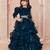 Teal multi layered velvet furr bodice embellished organza woven party gown