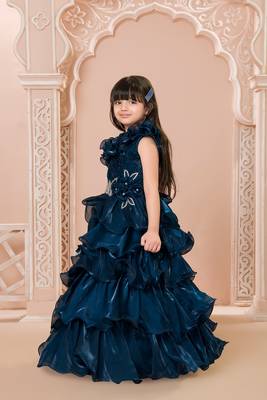 Teal multi layered velvet furr bodice embellished organza woven party gown 2