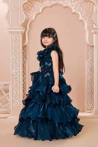Teal multi layered velvet furr bodice embellished organza woven party gown