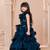 Teal multi layered velvet furr bodice embellished organza woven party gown