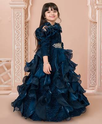 Teal multi layered velvet furr bodice embellished organza woven party gown 3