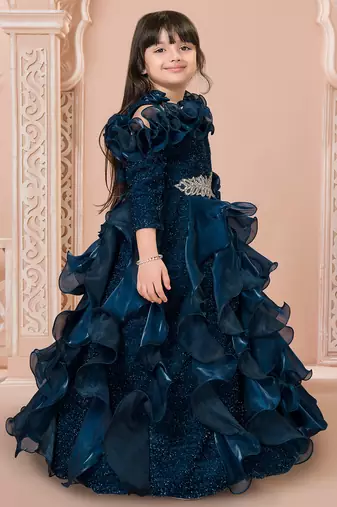 Teal multi layered velvet furr bodice embellished organza woven party gown