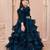 Teal multi layered velvet furr bodice embellished organza woven party gown