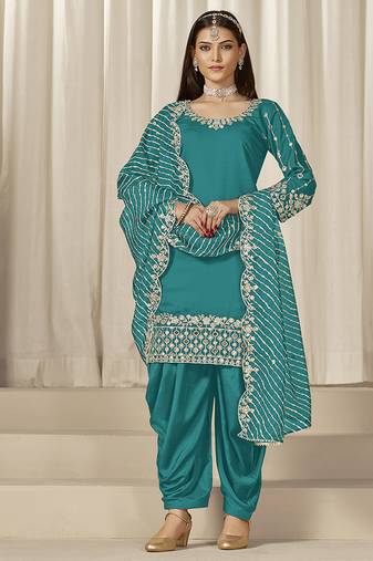 Teal sequins mirror work roman silk festival patiyala salwar suit