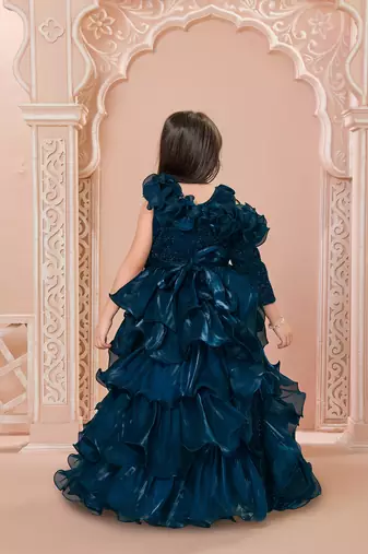 Teal multi layered velvet furr bodice embellished organza woven party gown