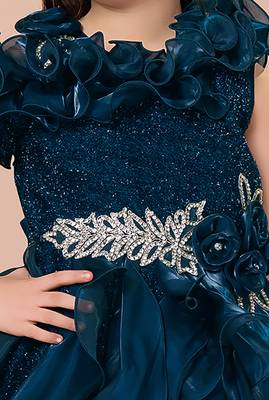 Teal multi layered velvet furr bodice embellished organza woven party gown 5