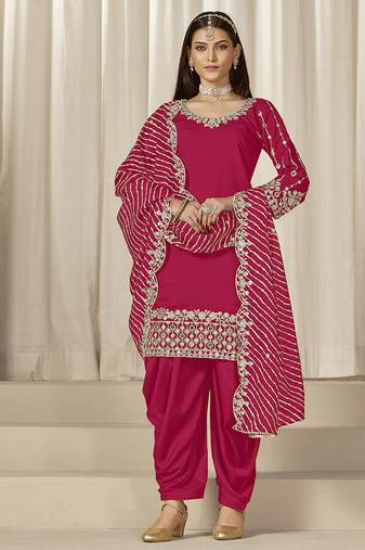 Hot pink sequins mirror work roman silk festival patiyala salwar suit