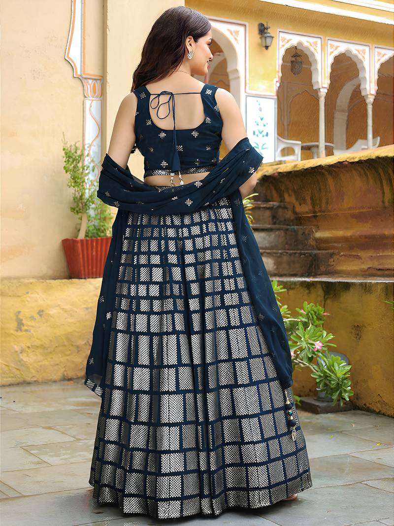 awesome navy blue sequins embroidered georgette fabric indian lehenga dress designs