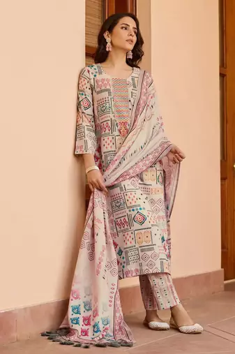  Women's Cooton Blend Floral Straight Printed Kurta Pant With Dupatta | kurta sets for woman