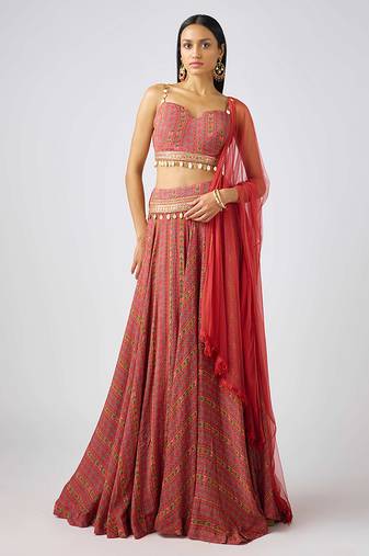 Red printed Chinon Lehenga