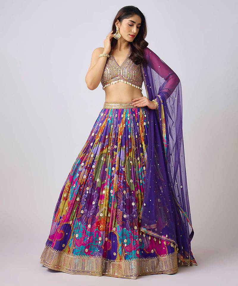 Purple printed Georgette Lehenga