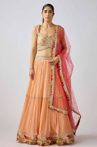 Peach embroidered Chinon Lehenga