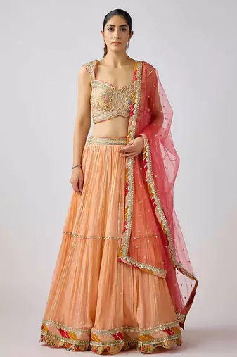 Peach embroidered Chinon Lehenga