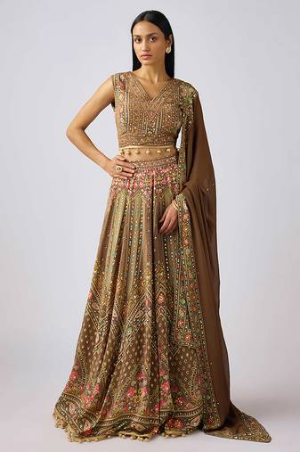 Brown Printed Chinon Lehenga