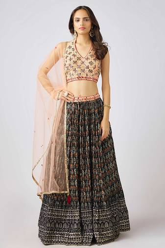 Black printed Organza Lehenga
