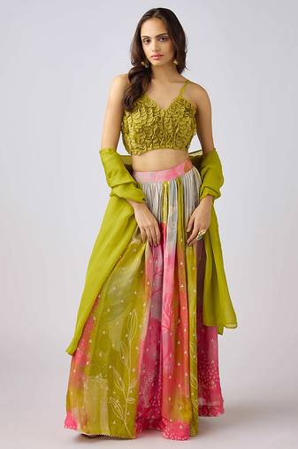 Green printed Chinon Lehenga