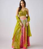 Green printed Chinon Lehenga