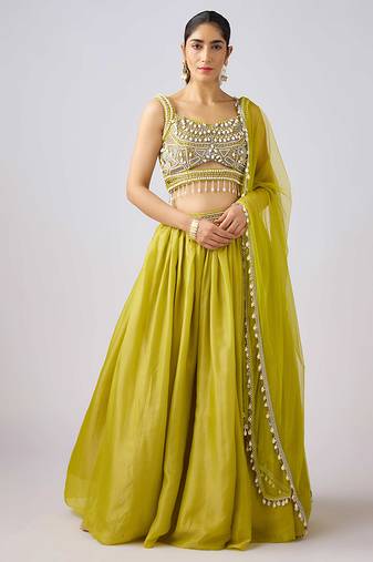 Lime Green Plain Tissue Lehenga