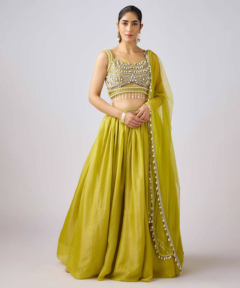 Lime Green Plain Tissue Lehenga