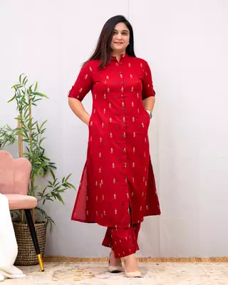 Jaipuri pure cotton red a-line casual coord set 2