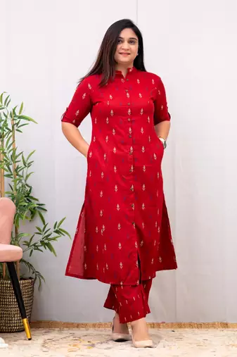 Jaipuri pure cotton red a-line casual coord set