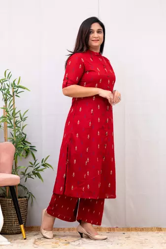Jaipuri pure cotton red a-line casual coord set