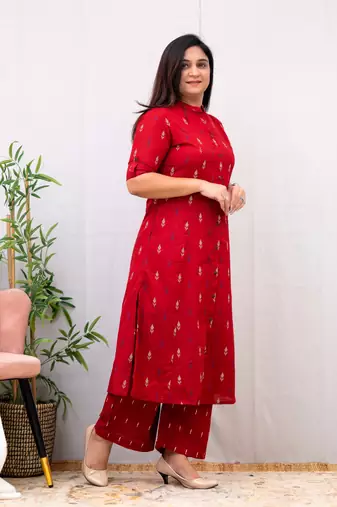 Jaipuri pure cotton red a-line casual coord set