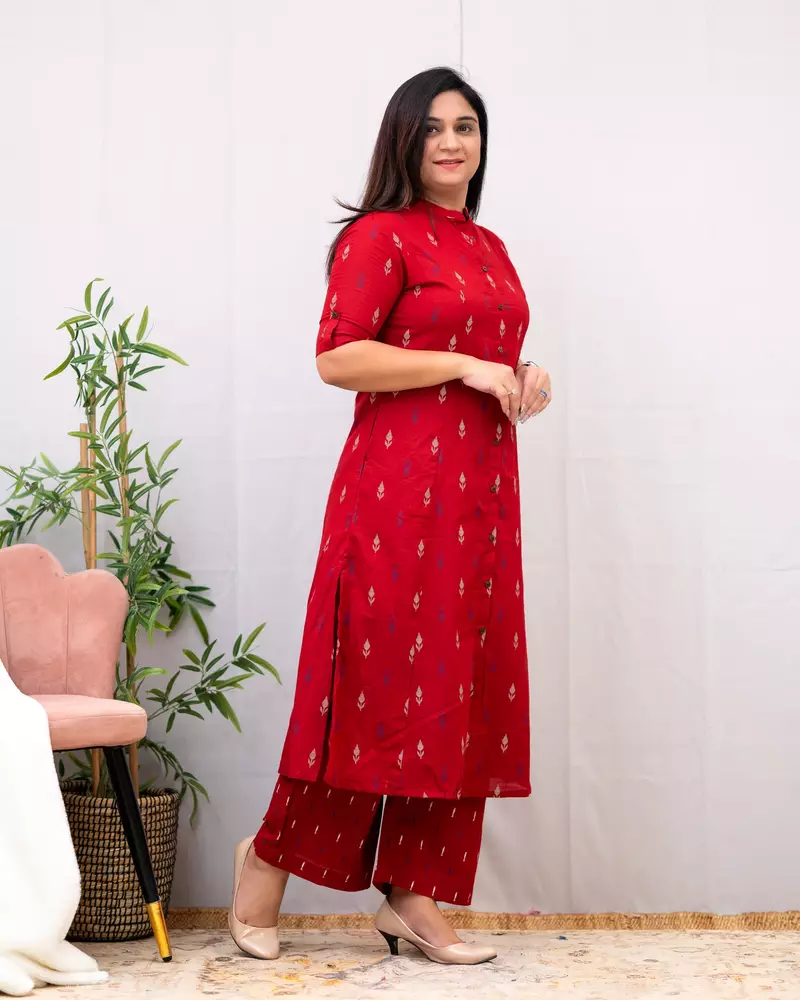 Jaipuri pure cotton red a-line casual coord set