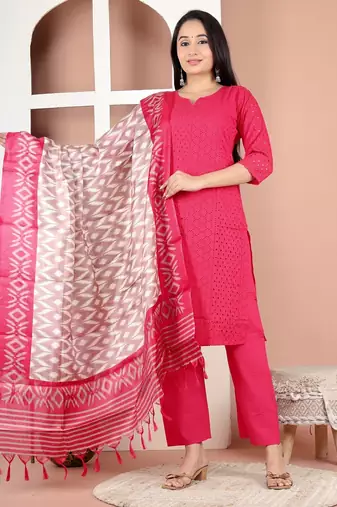 Schiffli embroidered rani pink kurta set with cotton lining