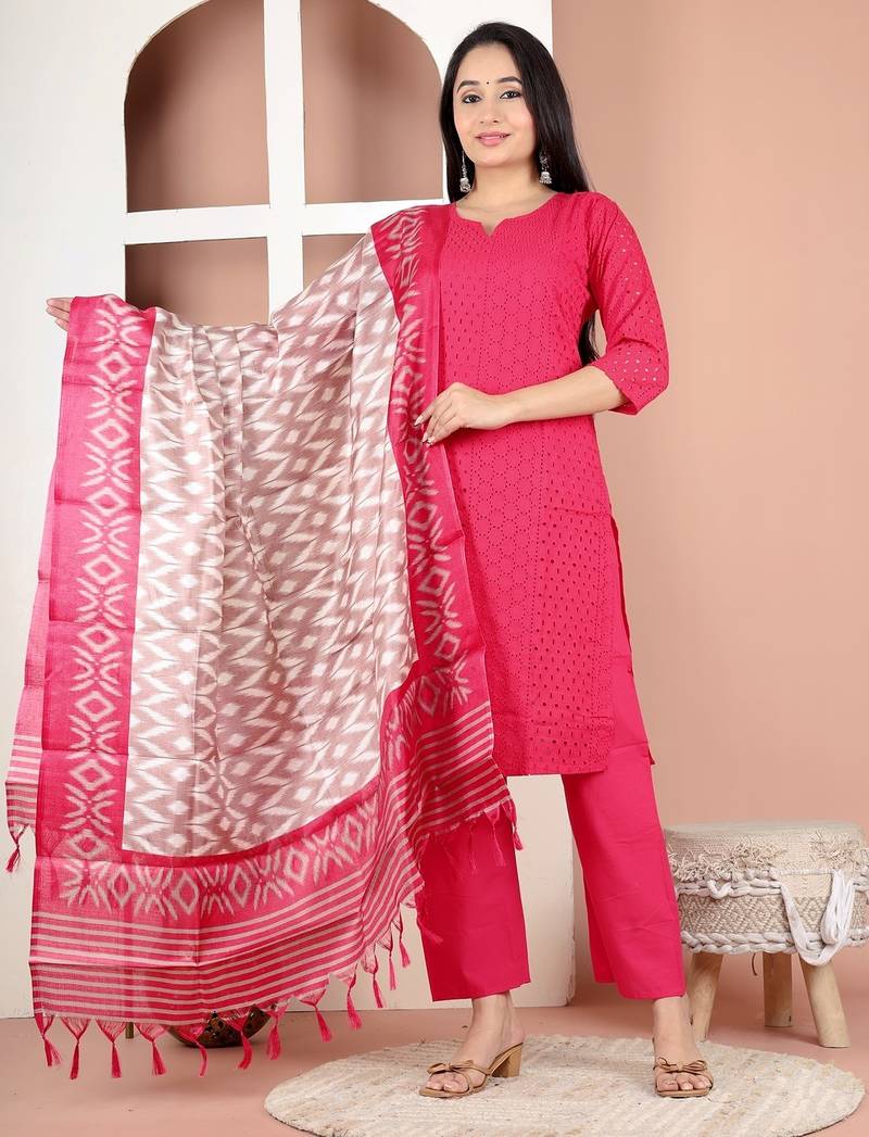 Schiffli embroidered rani pink kurta set with cotton lining