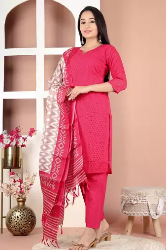 embroidered rani pink kurta set with cotton lining