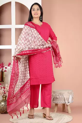 embroidered rani pink kurta set with cotton lining
