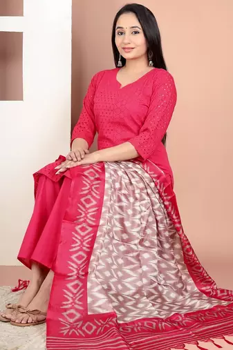 embroidered rani pink kurta set with cotton lining