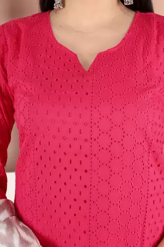 embroidered rani pink kurta set with cotton lining