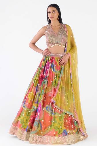 multicolor printed georgette lehenga