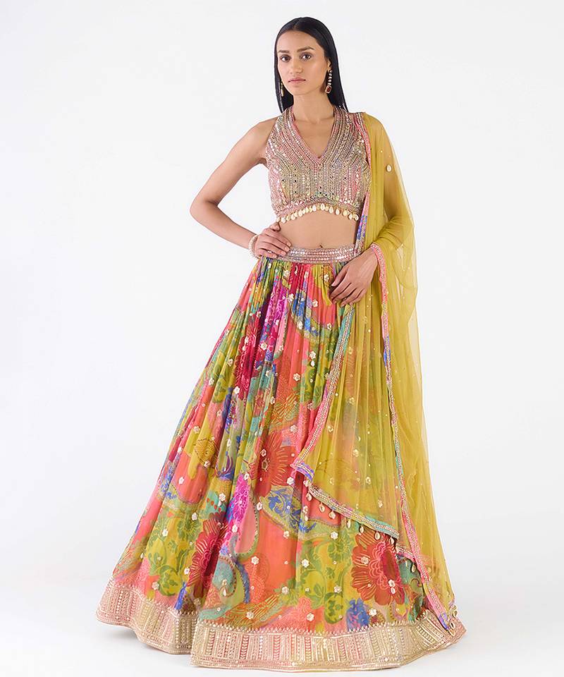multicolor printed georgette lehenga