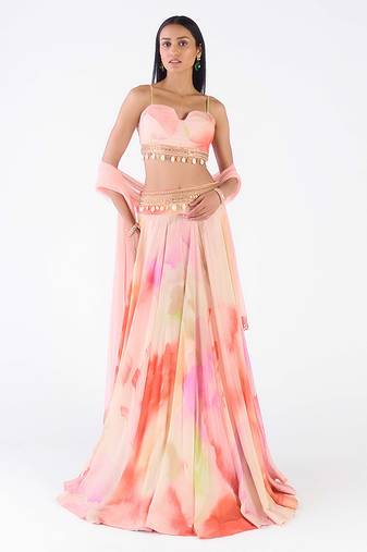 multicolor printed chiffon lehenga