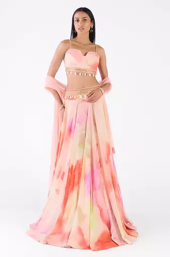 multicolor printed chiffon lehenga
