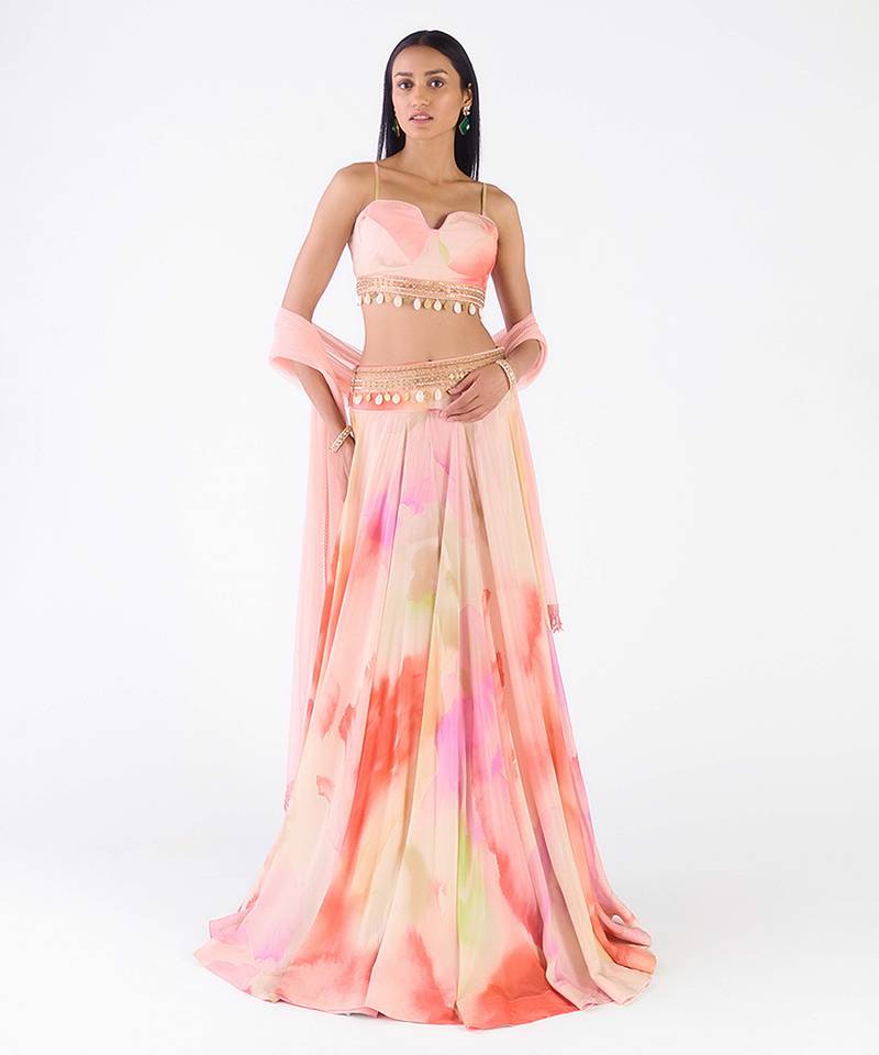 multicolor printed chiffon lehenga