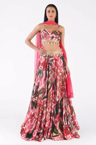 pink printed chiffon lehenga