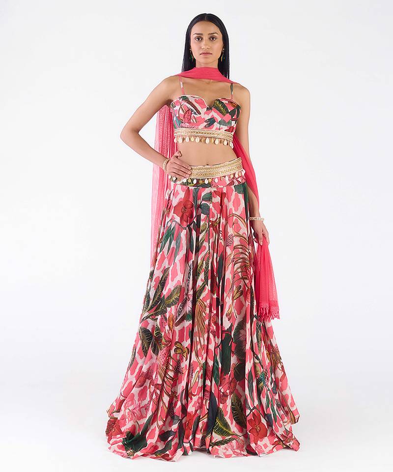 pink printed chiffon lehenga