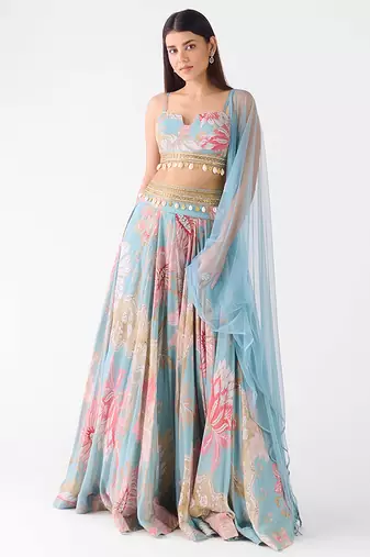 blue printed chiffon lehenga