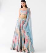blue printed chiffon lehenga