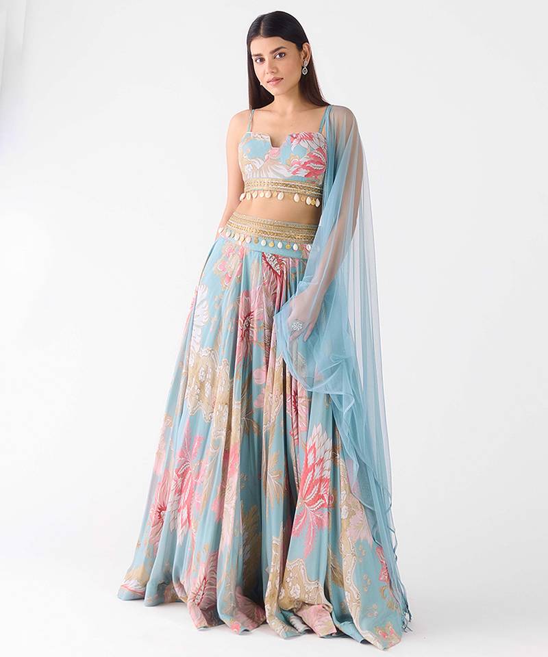 blue printed chiffon lehenga