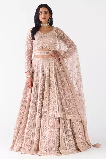 peach embroidered net lehenga with belt