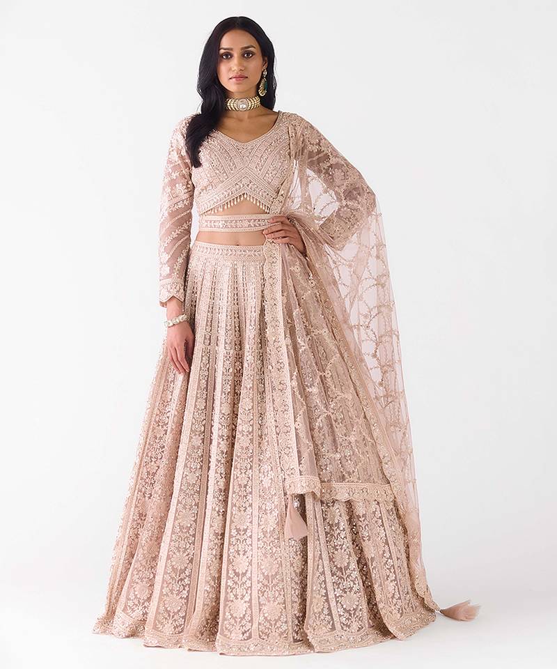 peach embroidered net lehenga with belt