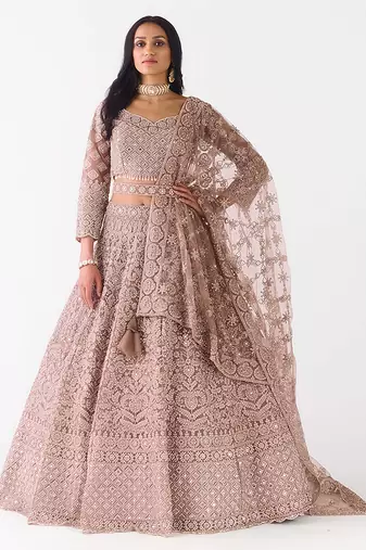 gold embroidered net lehenga with belt