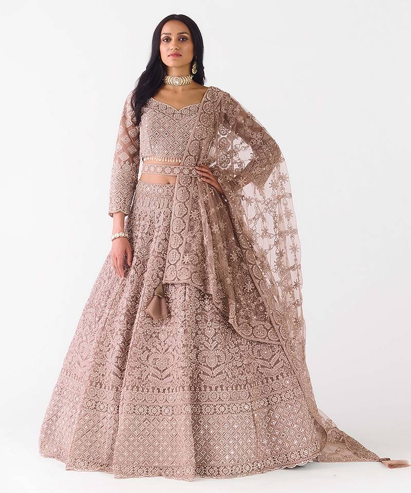 gold embroidered net lehenga with belt