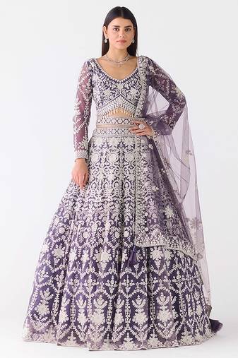 purple embroidered net lehenga with belt