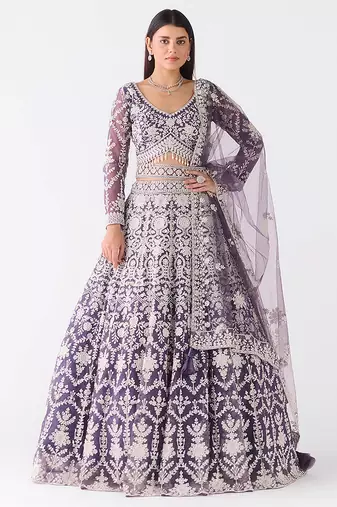 purple embroidered net lehenga with belt